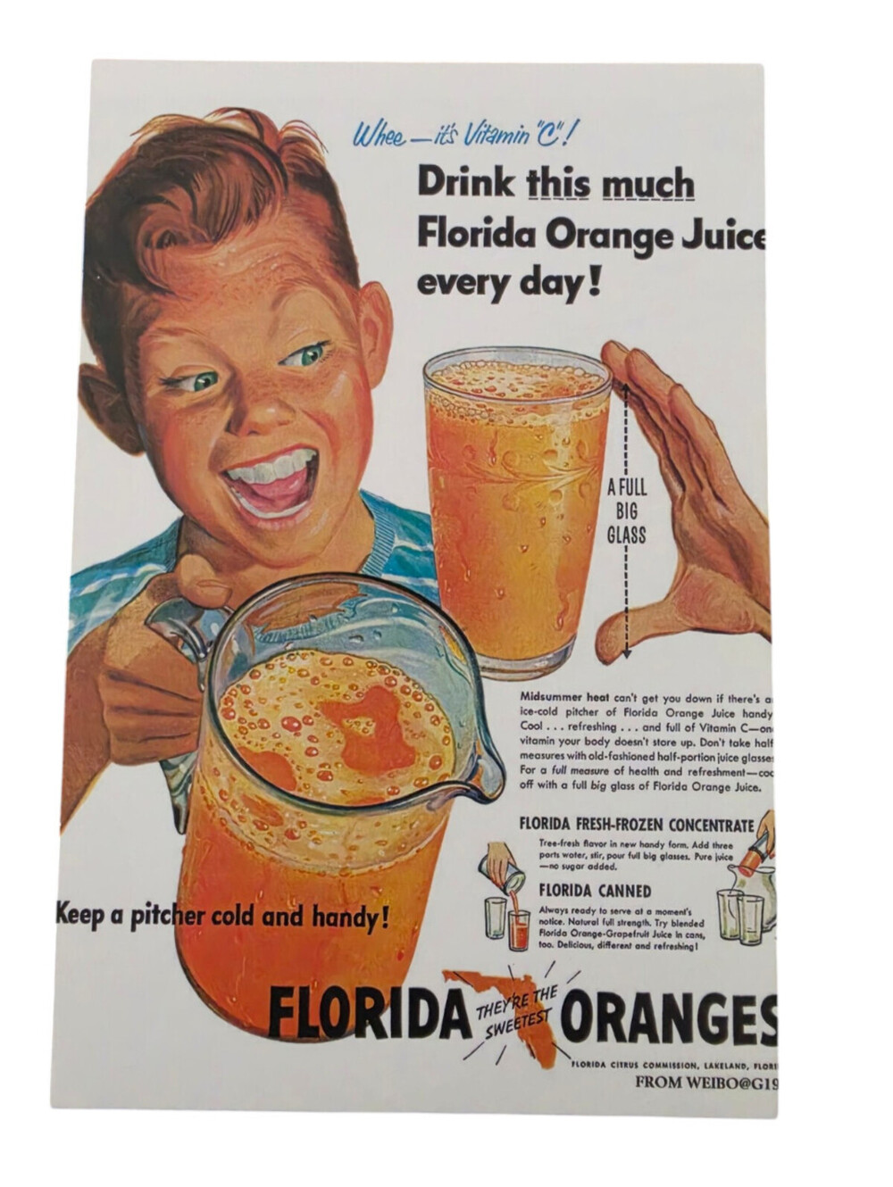Vintage 1951 print advertisement for Florida Orange Juice Postcard Size